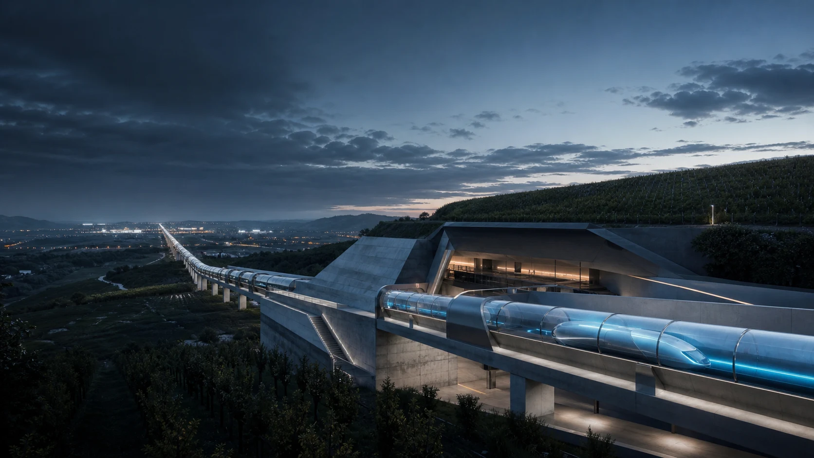 Photorealistic visualisation of a hyperloop corridor at sunset