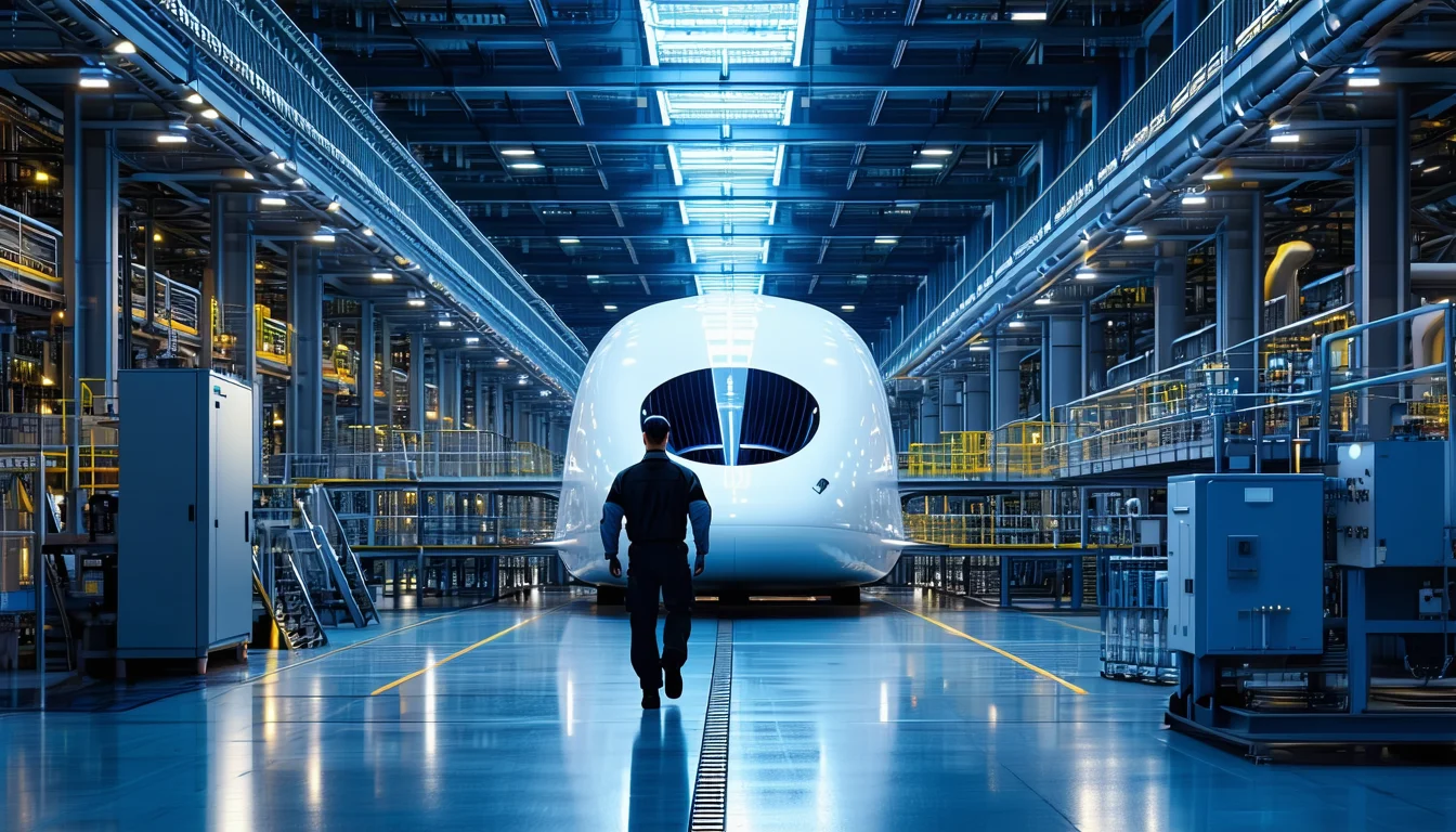 Photorealistic concept of an engineer in a hyperloop facility with a prototype capsule