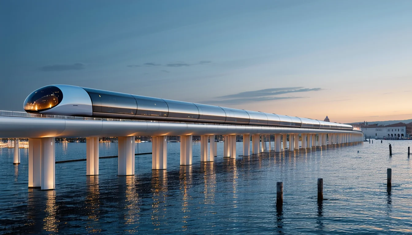 Photorealistic concept of the hyperloop tube over the Venice lagoon at dusk