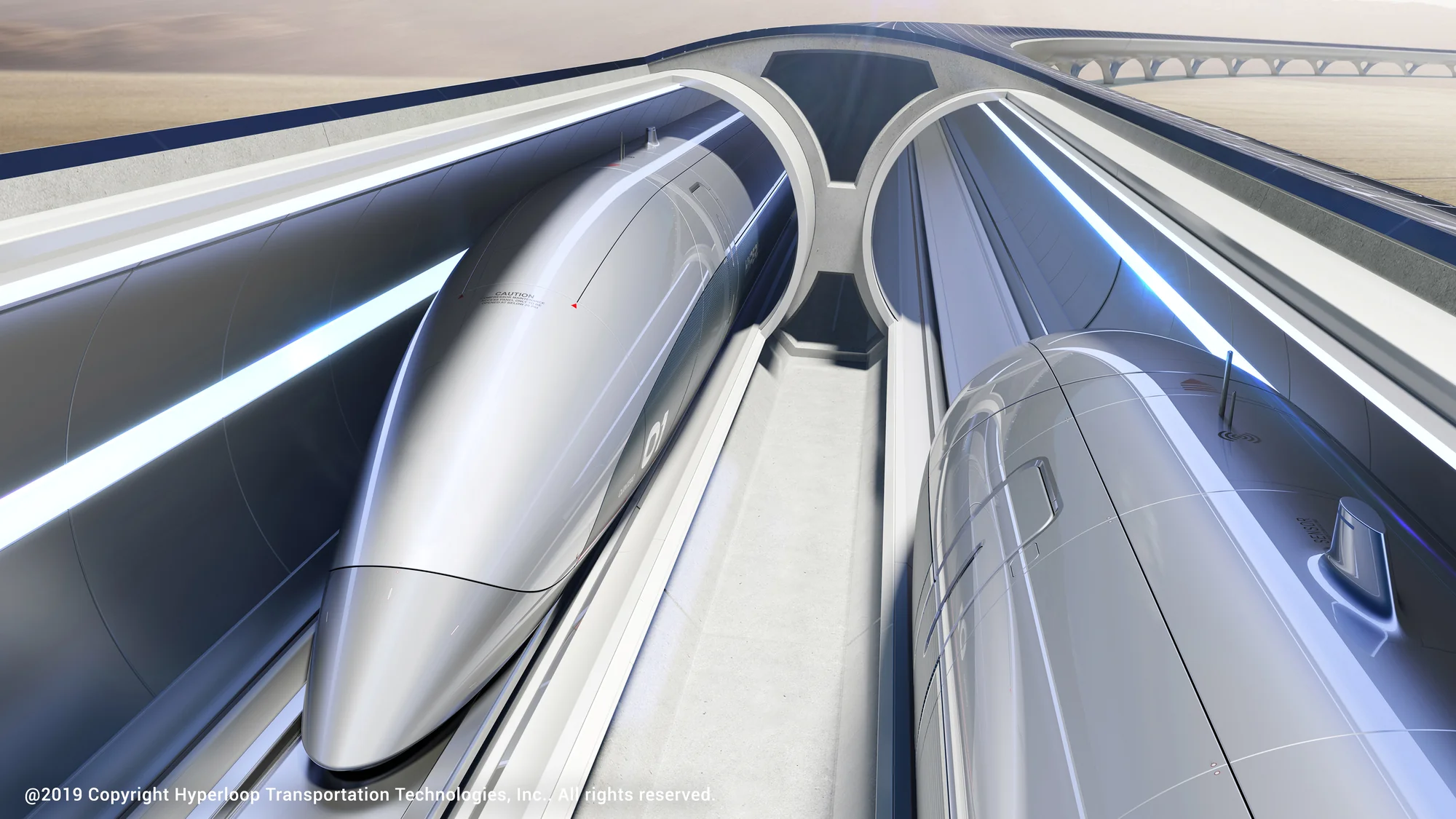 Hyperloop system render showing tube and capsule for the Veneto launch