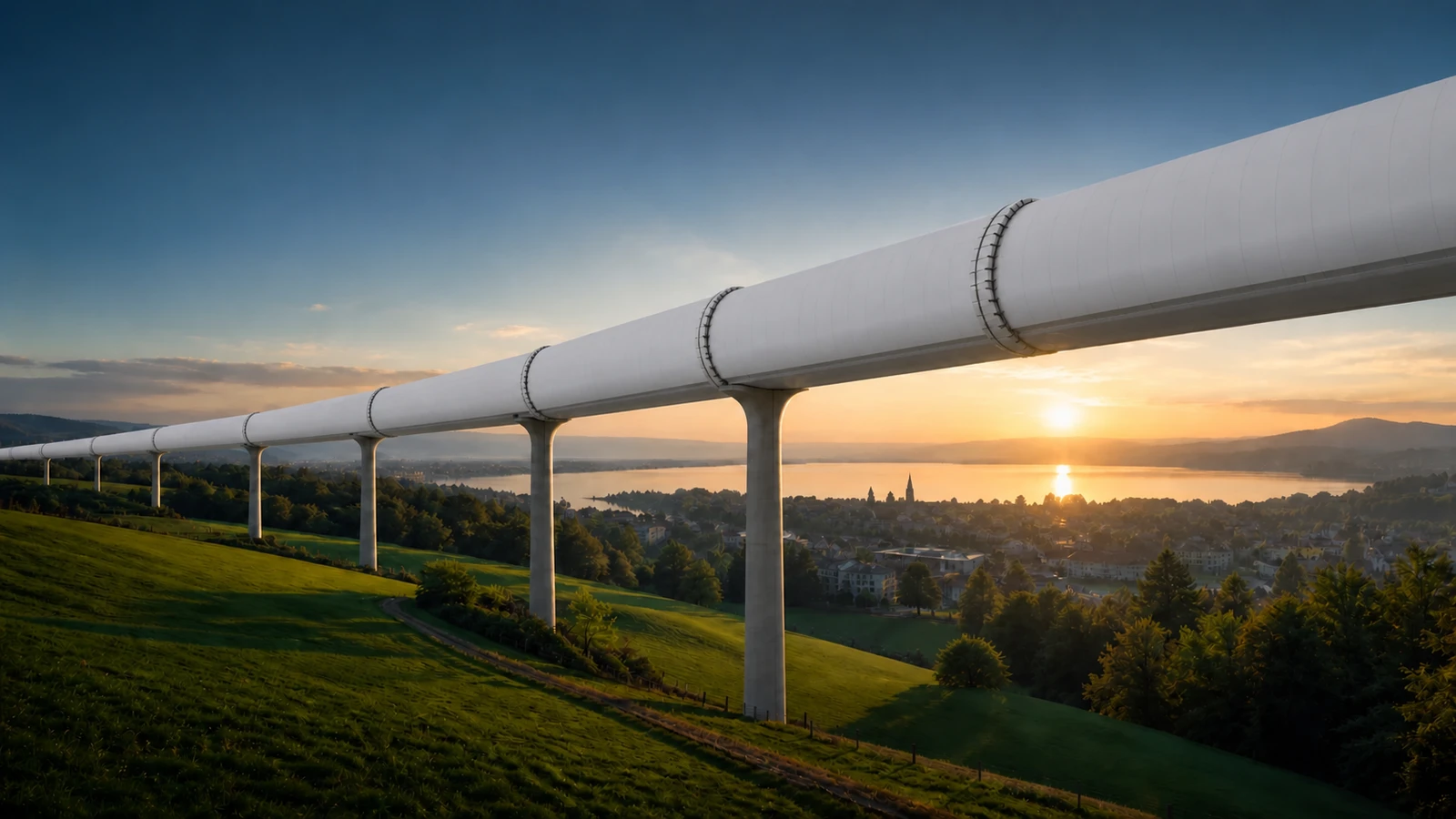 Photorealistic concept visualisation of an opaque hyperloop tube above a European landscape