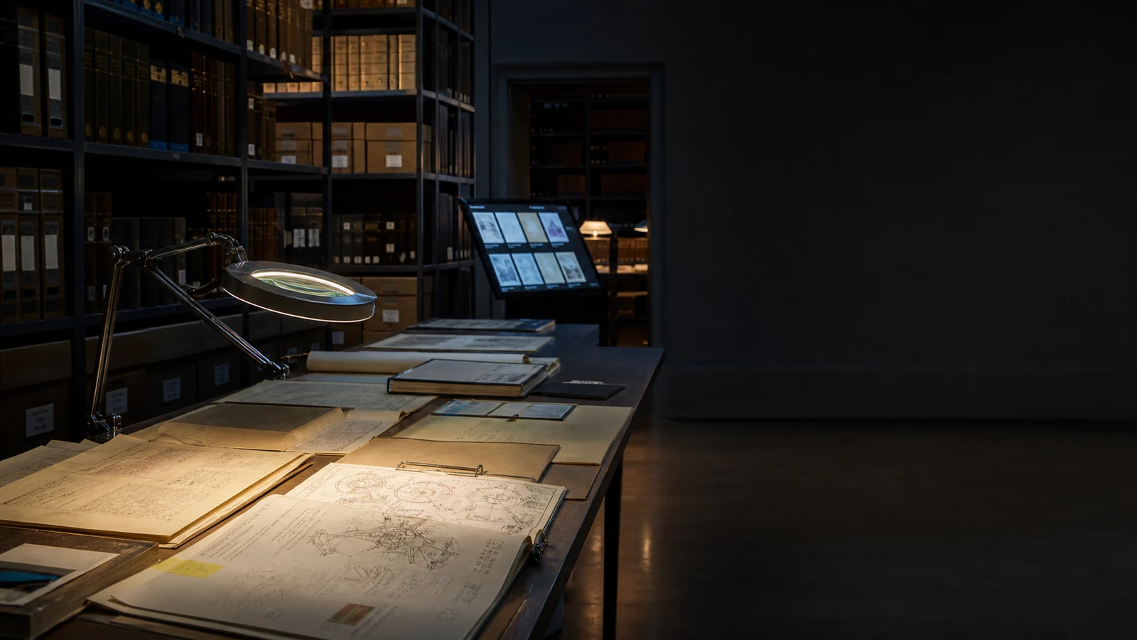 Photorealistic concept visualisation of a technical archive and reading room