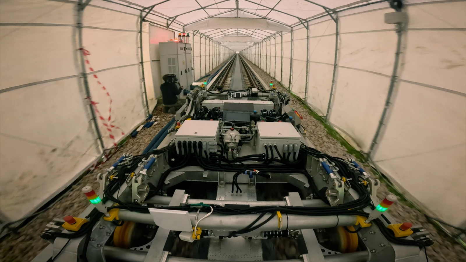 Nevomo MagRail levitation test rig on an existing railway track
