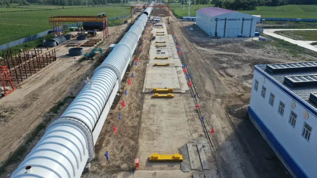 Aerial view of the T-Flight 2 km low-vacuum tube under construction in Shanxi, China