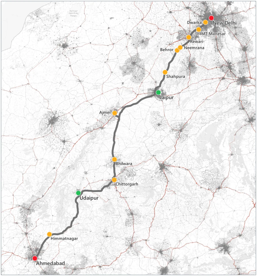 Hub options for the proposed Ahmedabad–New Delhi hyperloop route
