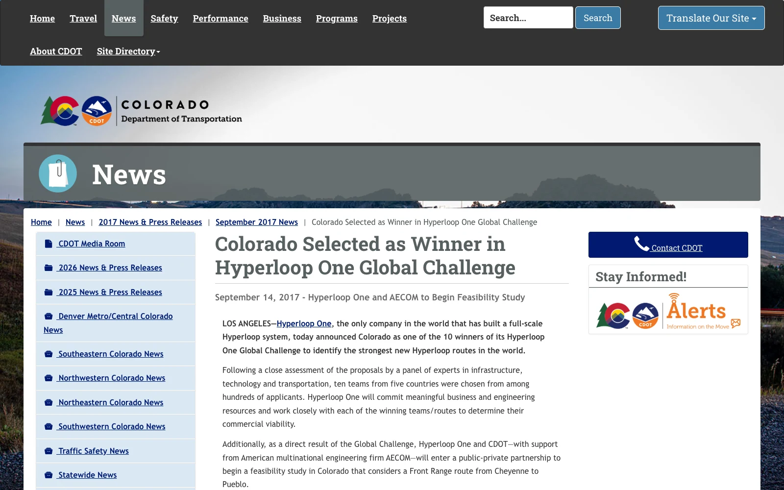 The Cheyenne–Denver–Pueblo Front Range corridor studied by CDOT