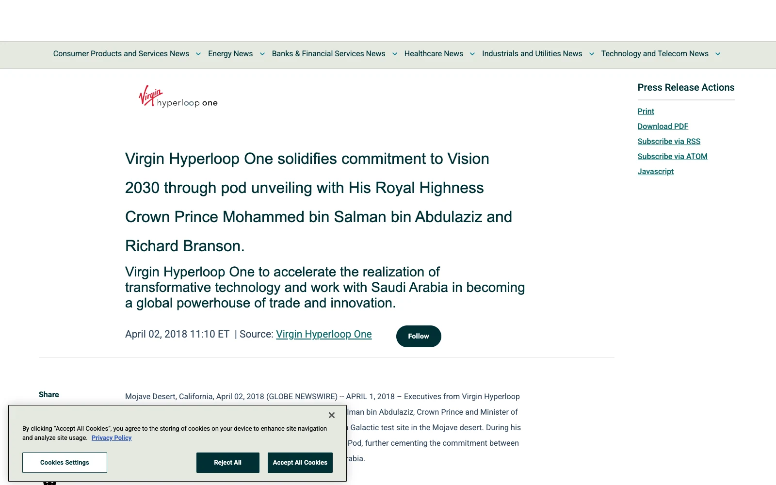 Virgin Hyperloop One's engagement with Saudi Arabia's transport ministry