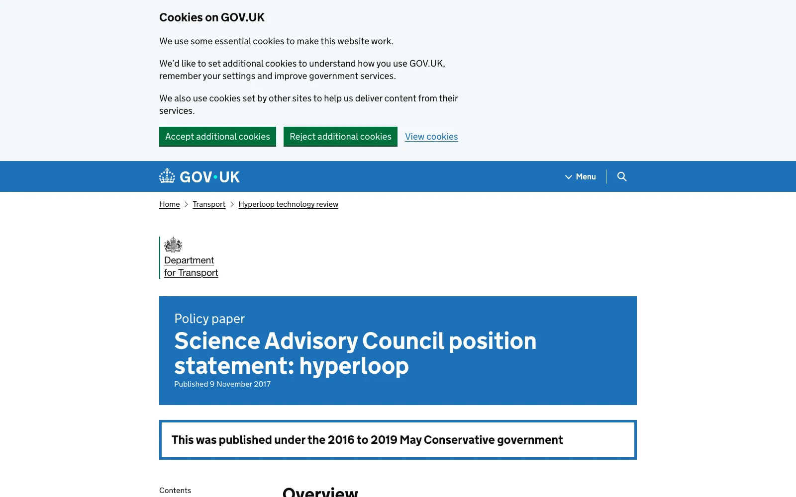 The UK Science Advisory Council's position statement on hyperloop
