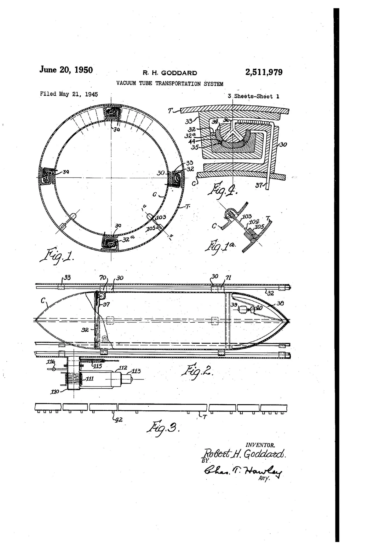 Goddard's patent drawing for a vacuum-tube transport system