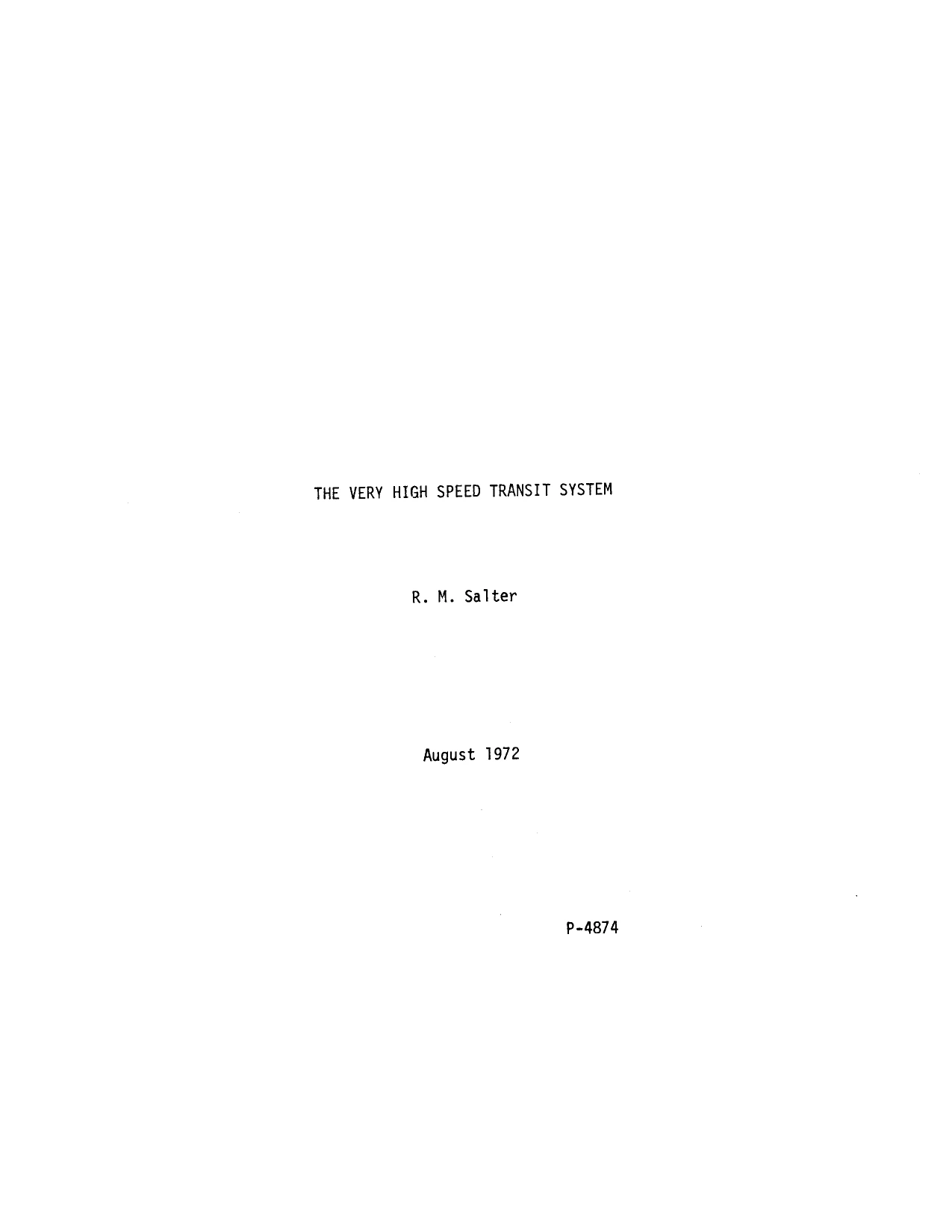 Cover of the 1972 RAND report on the Very High Speed Transit System by Robert M. Salter