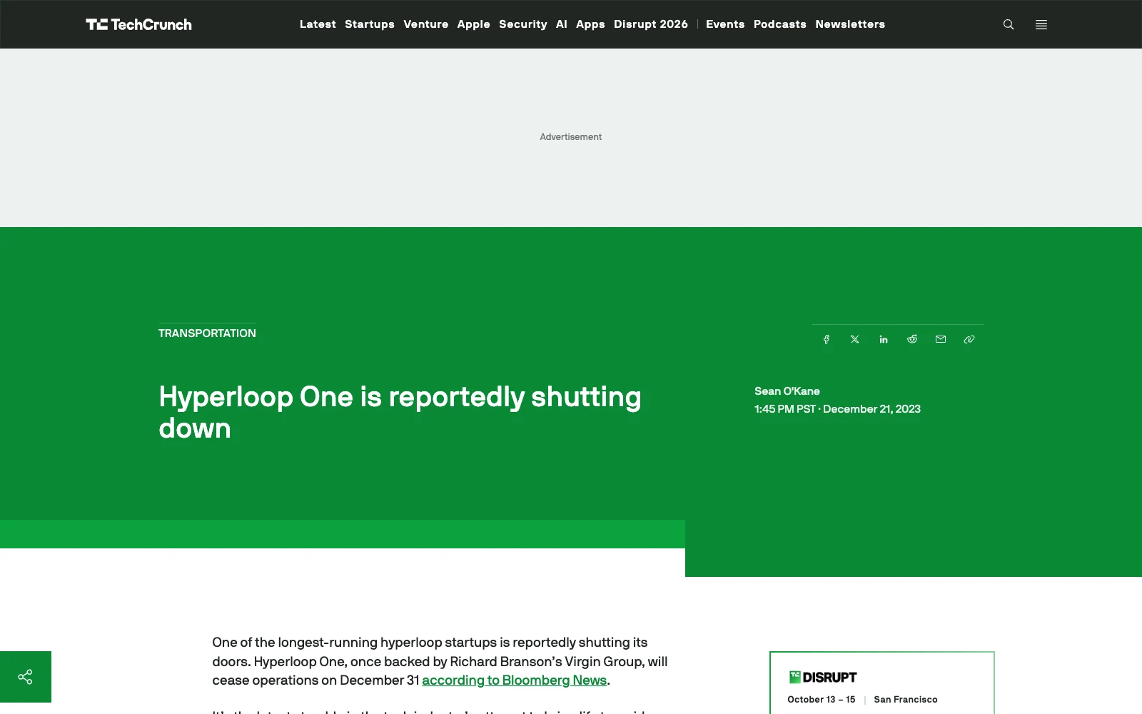 Press coverage of Hyperloop One's shutdown at the end of 2023