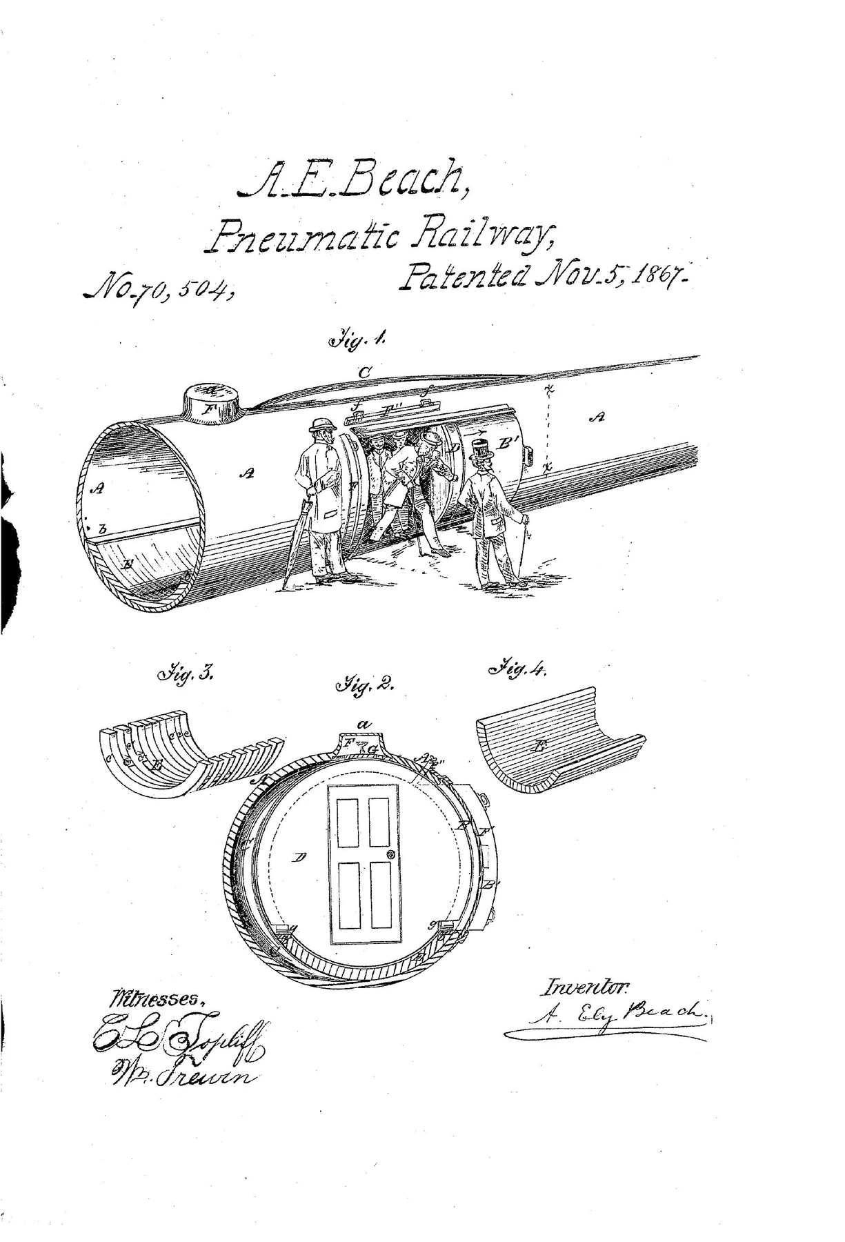 Beach's 1867 patent for an improved pneumatic railway