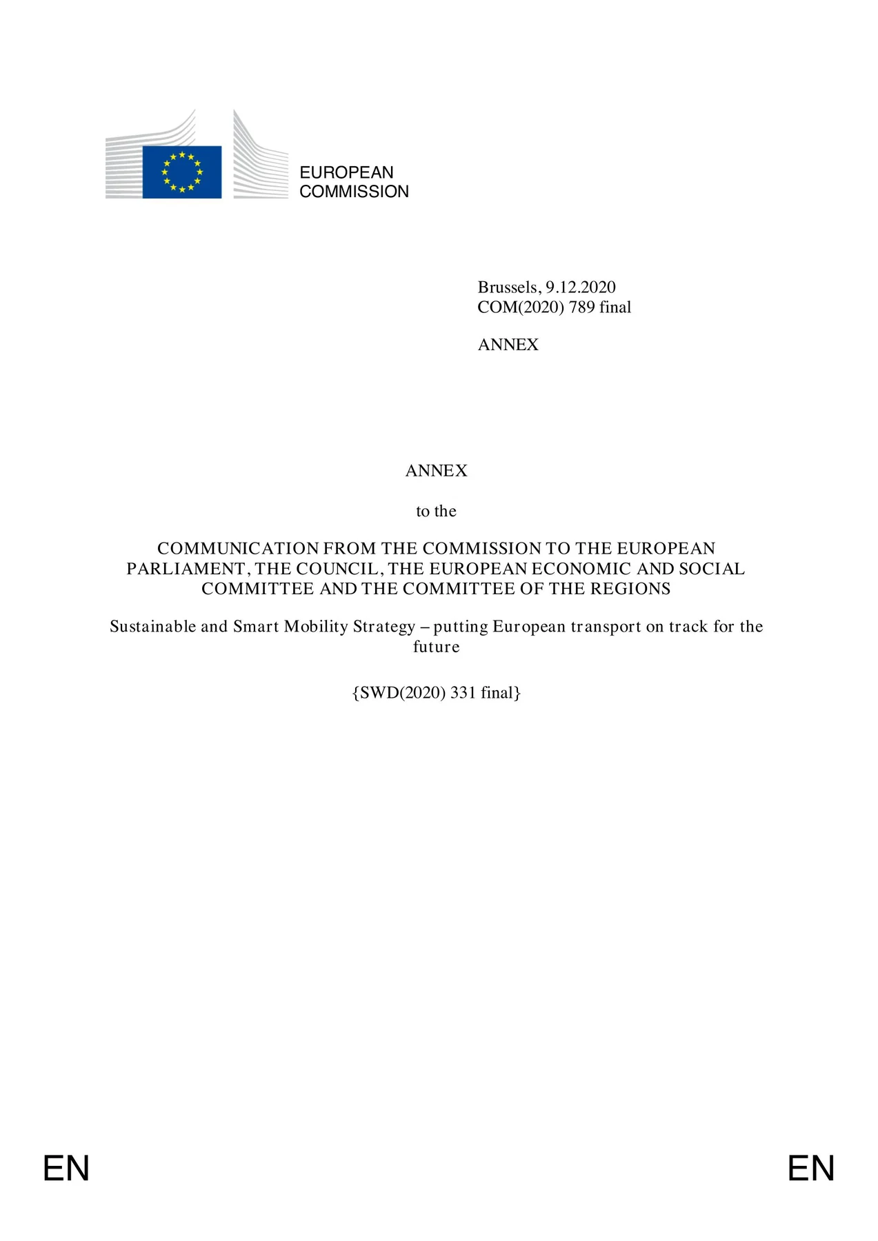 Annex of the EU Sustainable and Smart Mobility Strategy, 2020