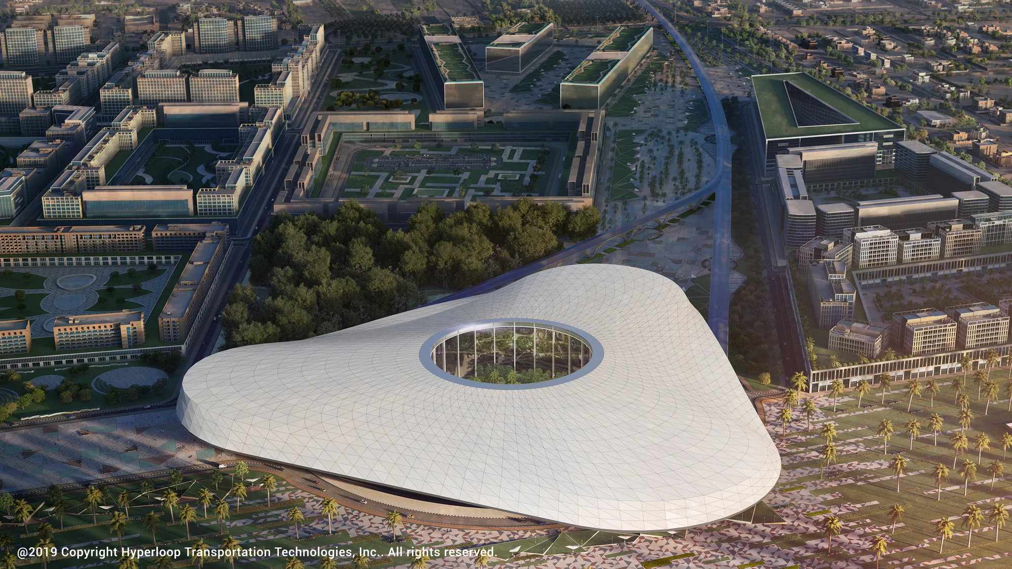 Aerial view of a Hyperloop station concept for the Brno–Bratislava–Prague corridor