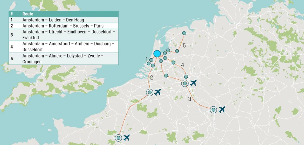 Five proposed hyperloop routes for North Holland's Compact Metropole