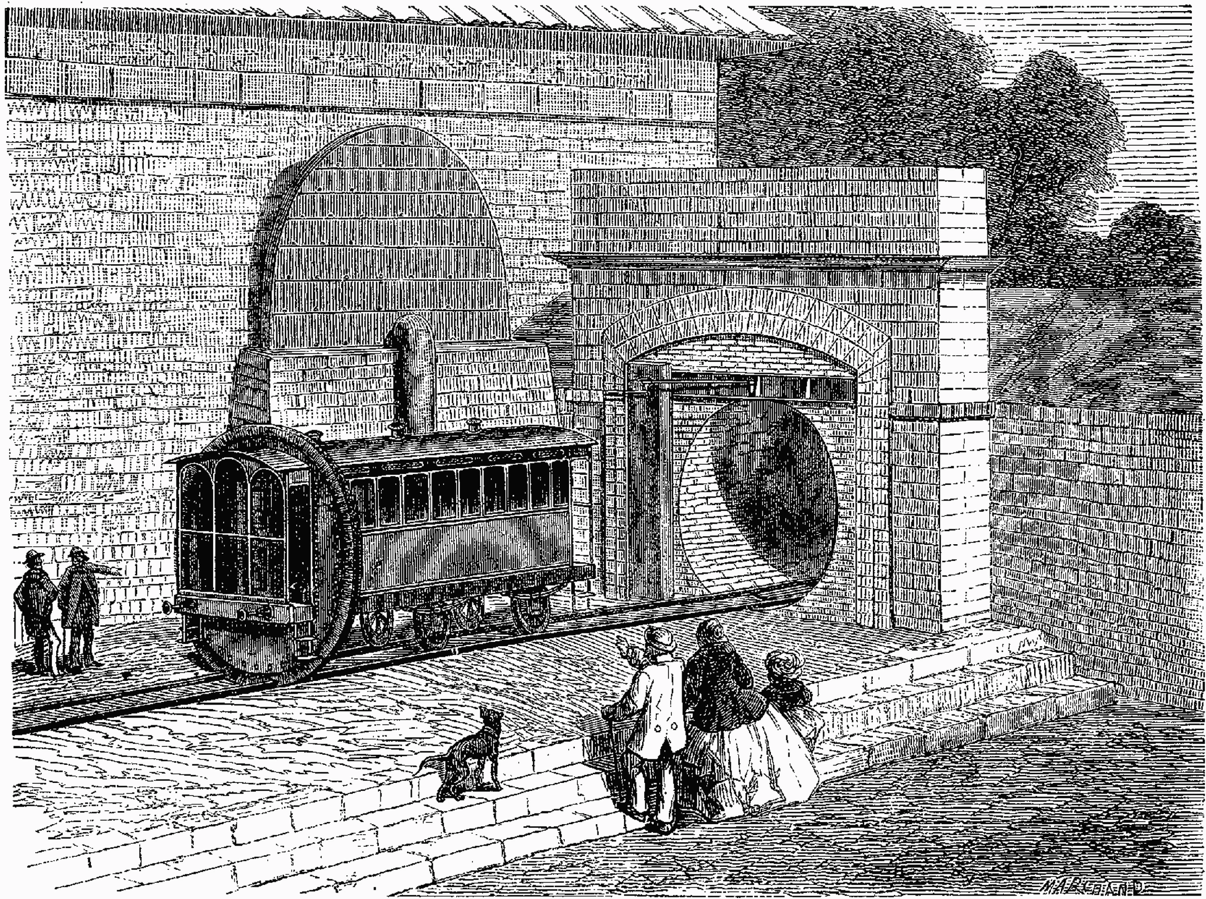 1864 engraving of the Crystal Palace pneumatic railway carriage in its tunnel
