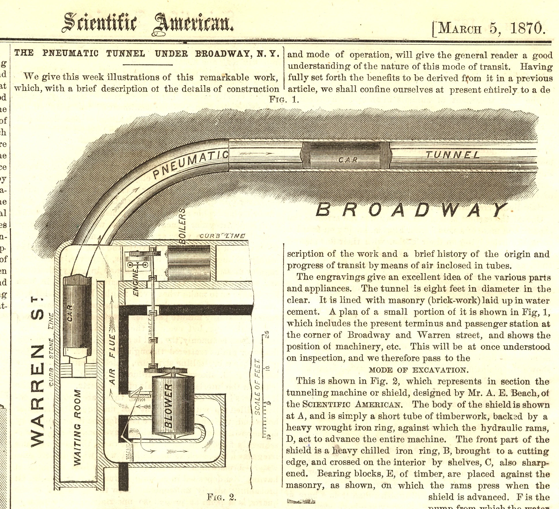 Plan of Alfred Ely Beach's pneumatic transit line beneath New York