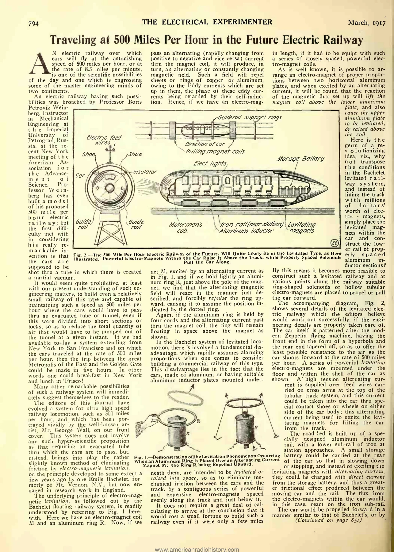 A 1917 Electrical Experimenter page on Weinberg's electromagnetic vacuum train