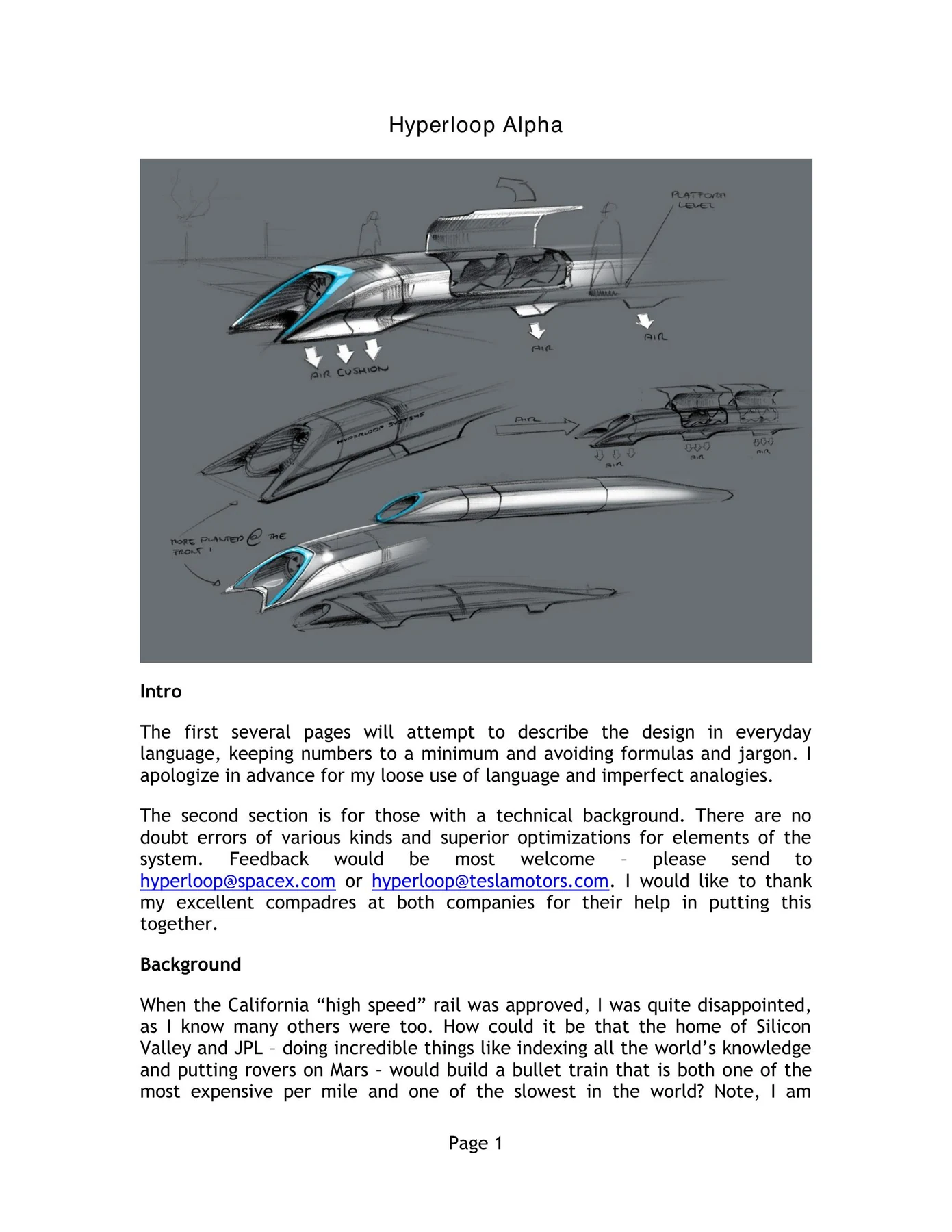 The Hyperloop Alpha concept document published by Tesla and SpaceX