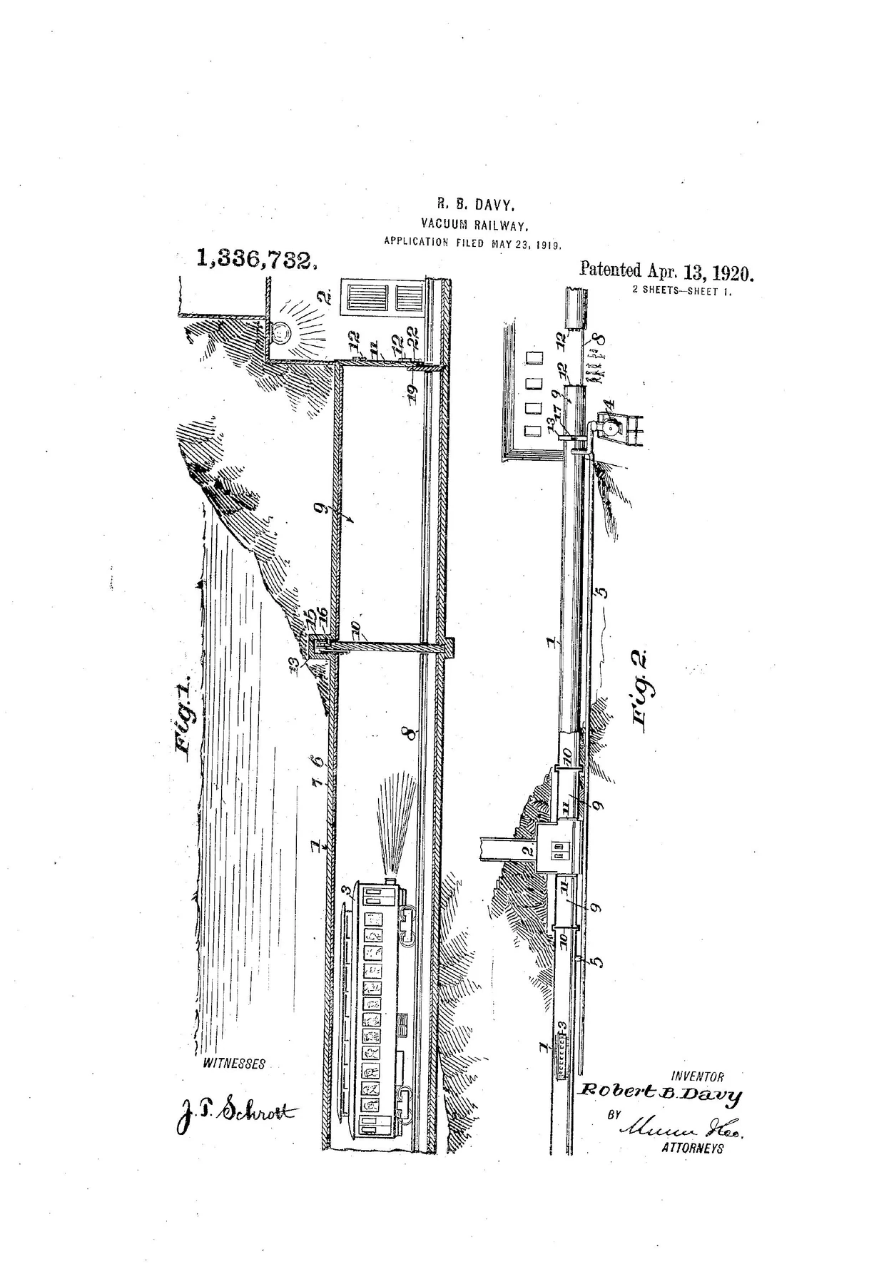The 1920 patent for a vacuum railway, US 1,336,732